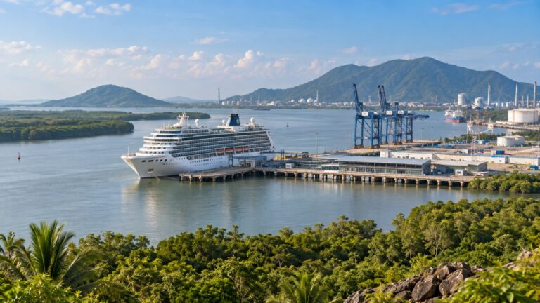 Phú Mỹ cruise berth on the Thị Vải River with a white cruise ship at an industrial Vietnamese port amid tropical coastal greenery