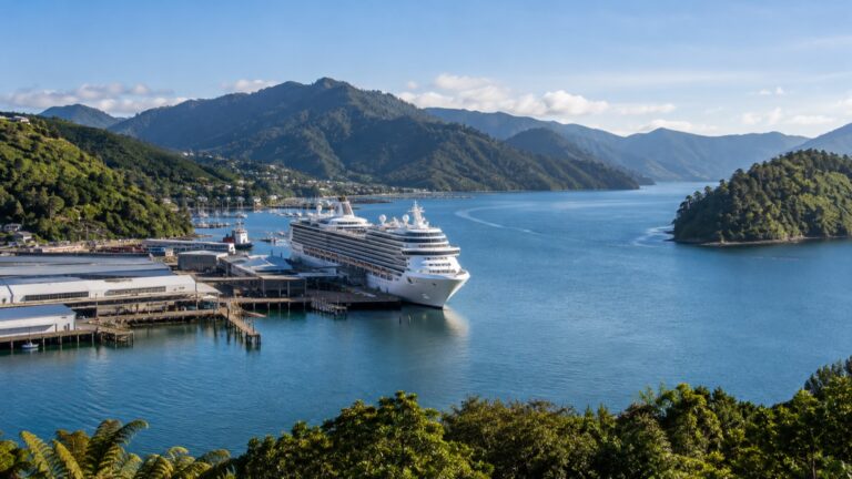 Cruise ship at Picton port beneath the Marlborough Sounds hills