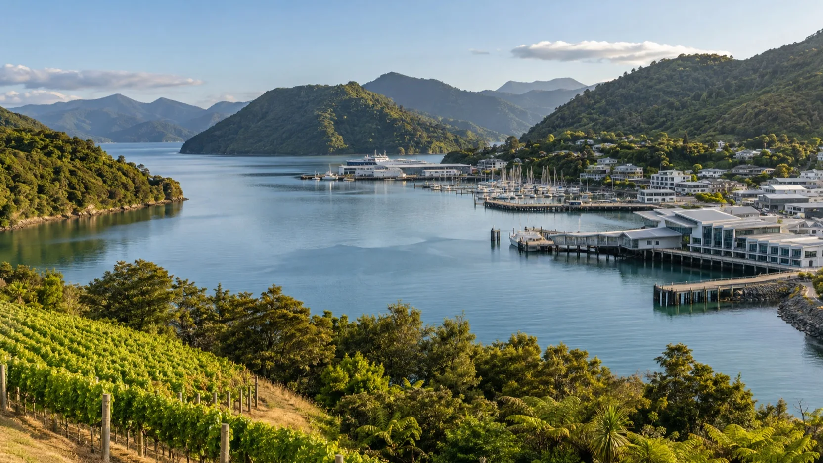 Picton cruise harbor among the Marlborough Sounds and vineyards