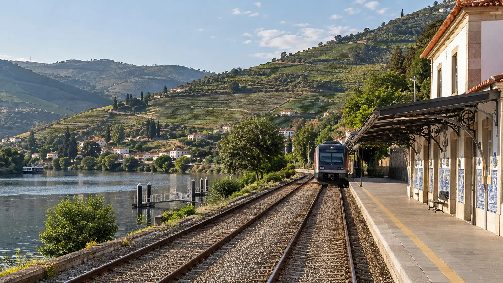 Pinhão railway station and train beside the Douro