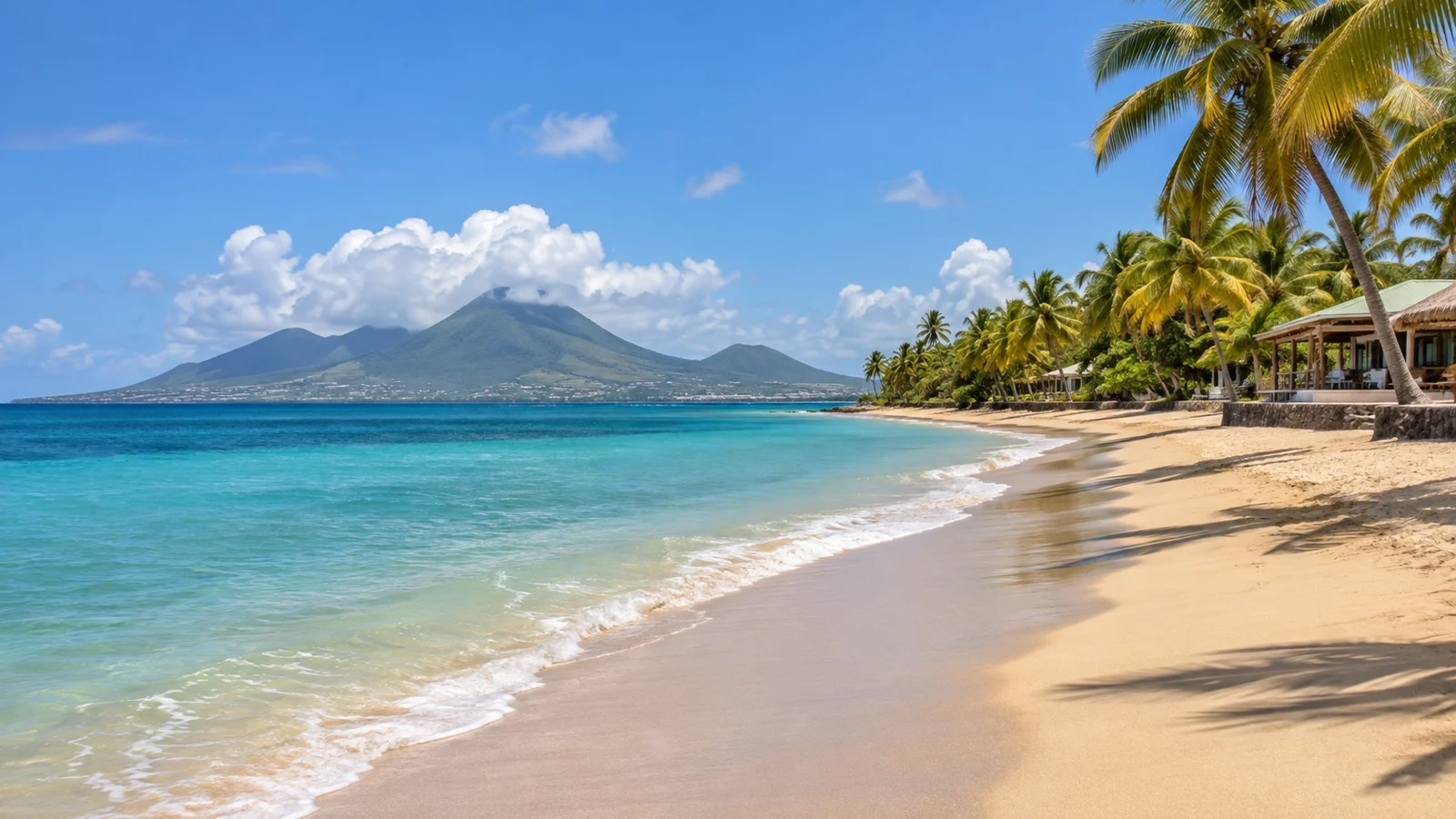 Palms and golden sand along Pinney’s Beach on Nevis
