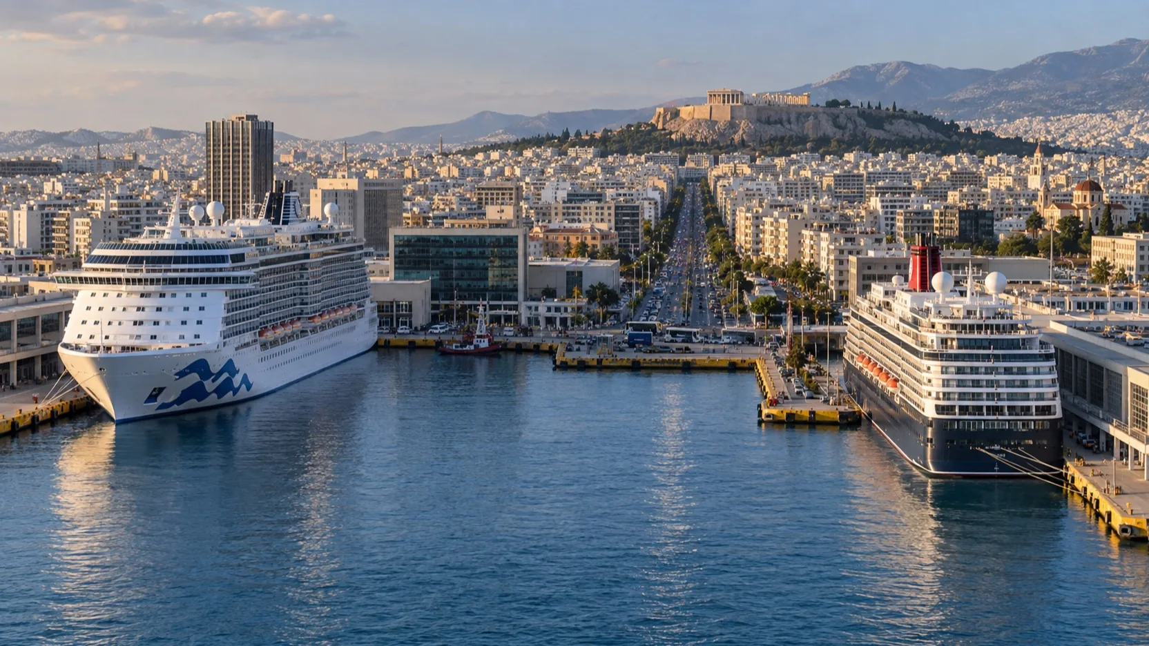 Two cruise ships at Piraeus with Athens and the Acropolis beyond