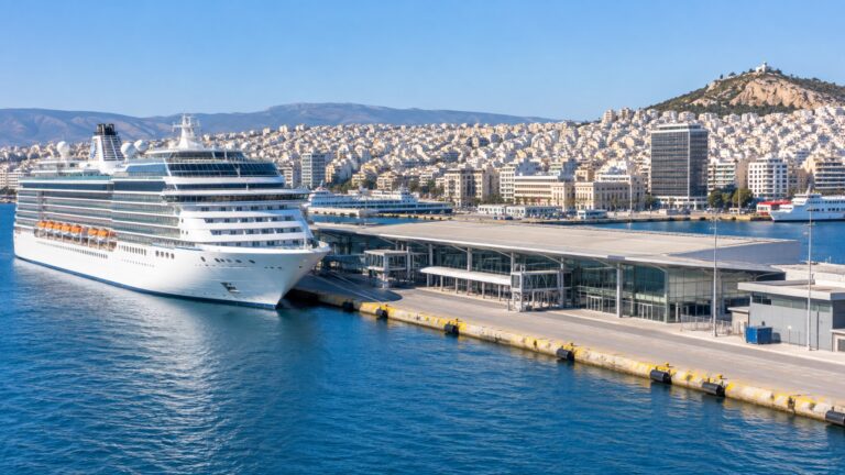 Cruise ship docked at Piraeus with the city rising beyond the harbor