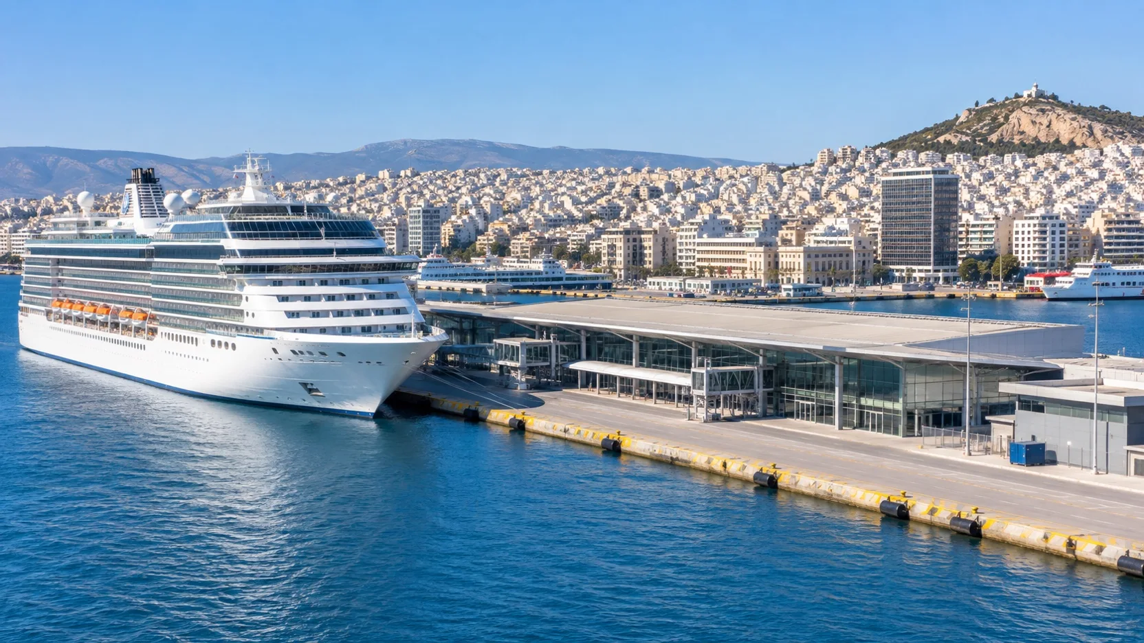 Cruise ship docked at Piraeus with the city rising beyond the harbor