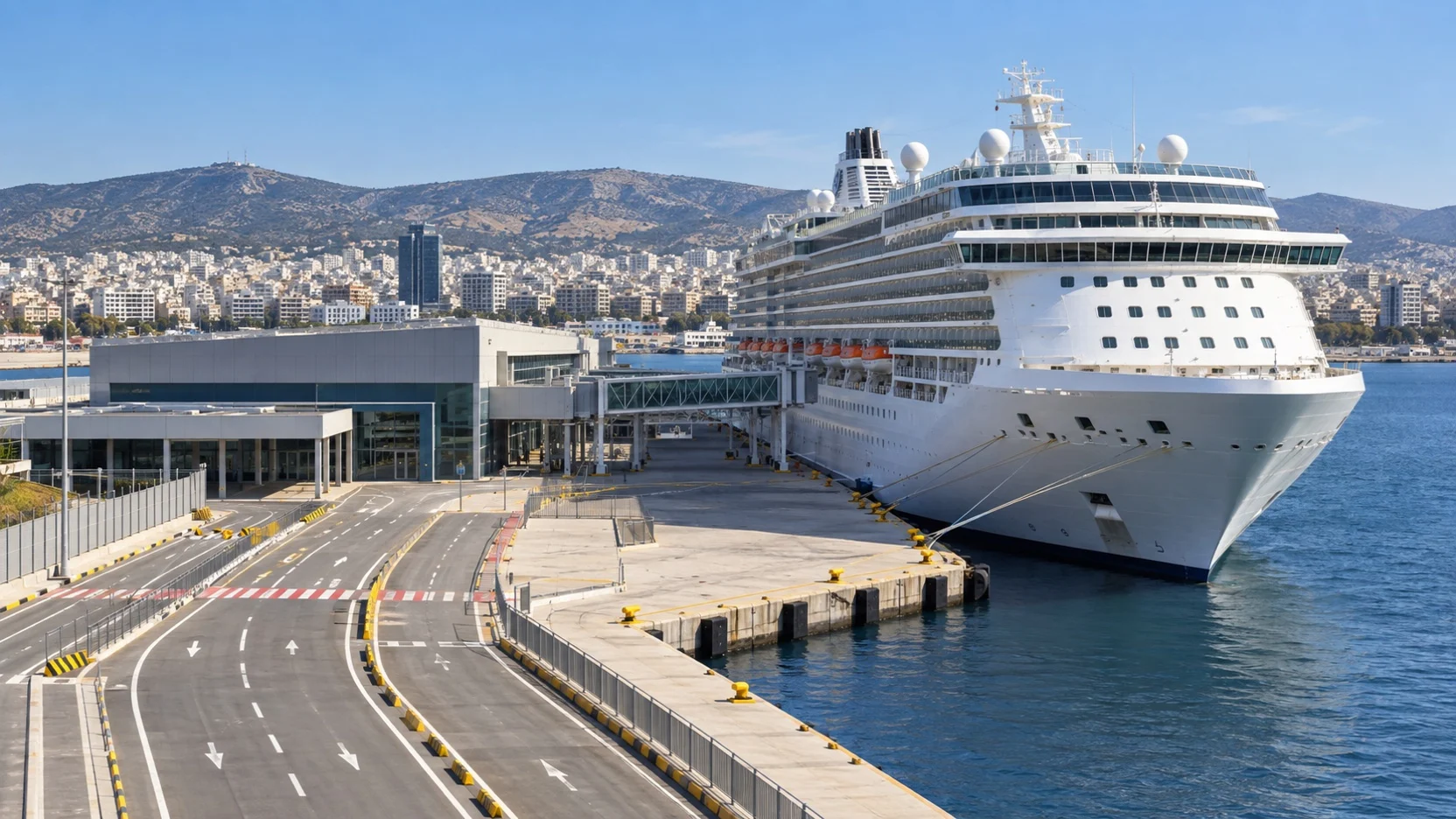 Cruise ship and terminal building beside the port road in Piraeus