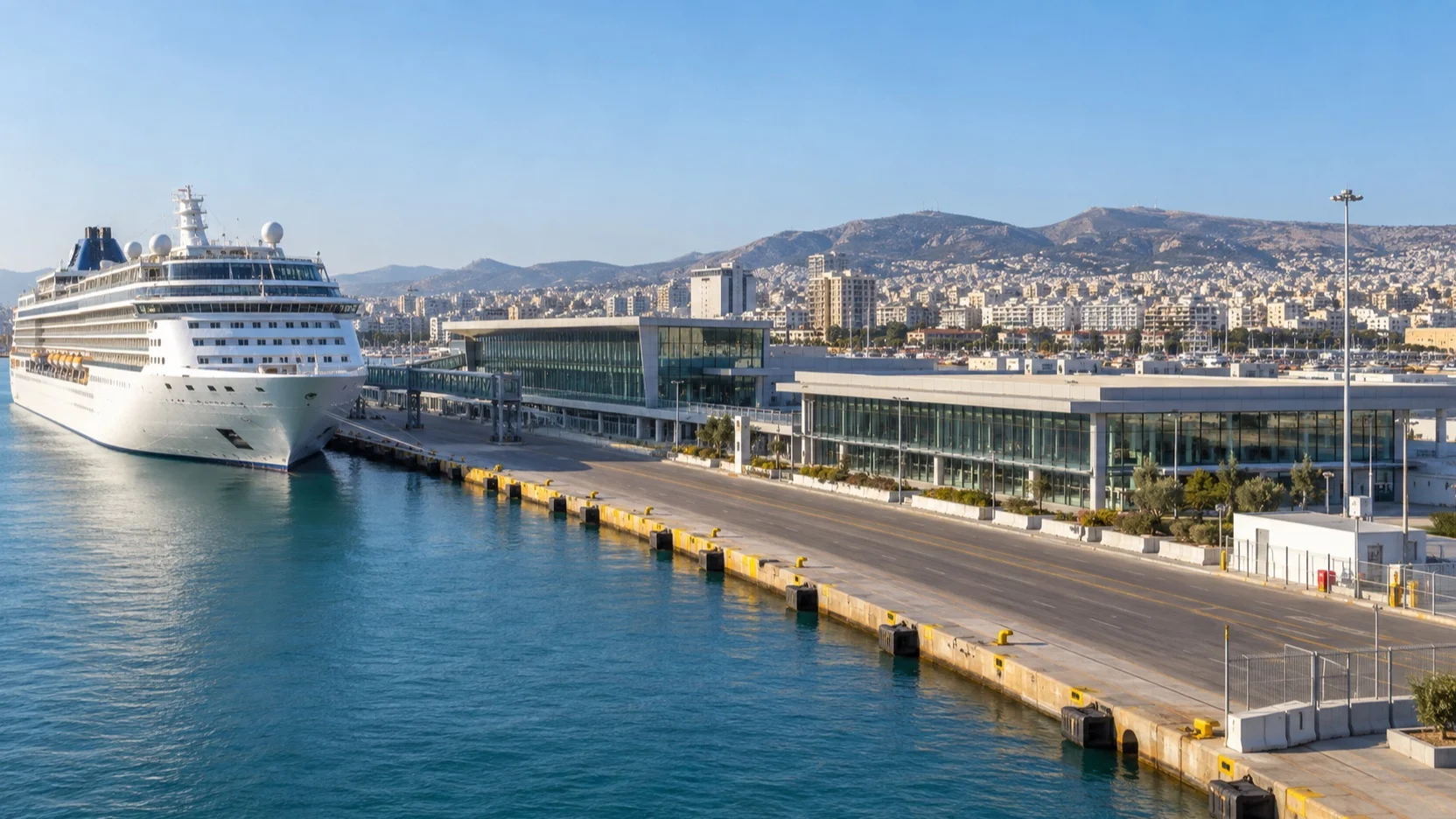 Piraeus cruise terminal buildings and berth beside a docked ship