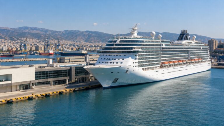 Cruise ship docked beside a Piraeus cruise terminal near Athens