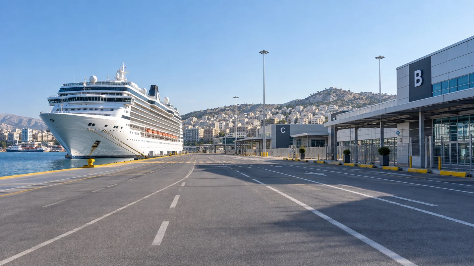 Broad port roadway and cruise ship by Piraeus Terminals B and C
