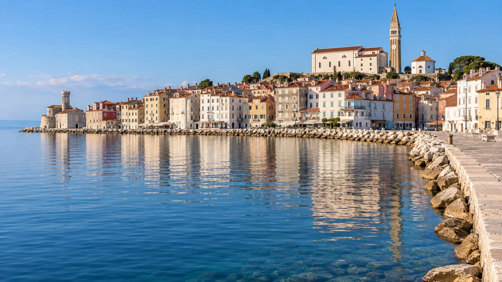 Piran’s Venetian waterfront and church tower above the Adriatic Sea