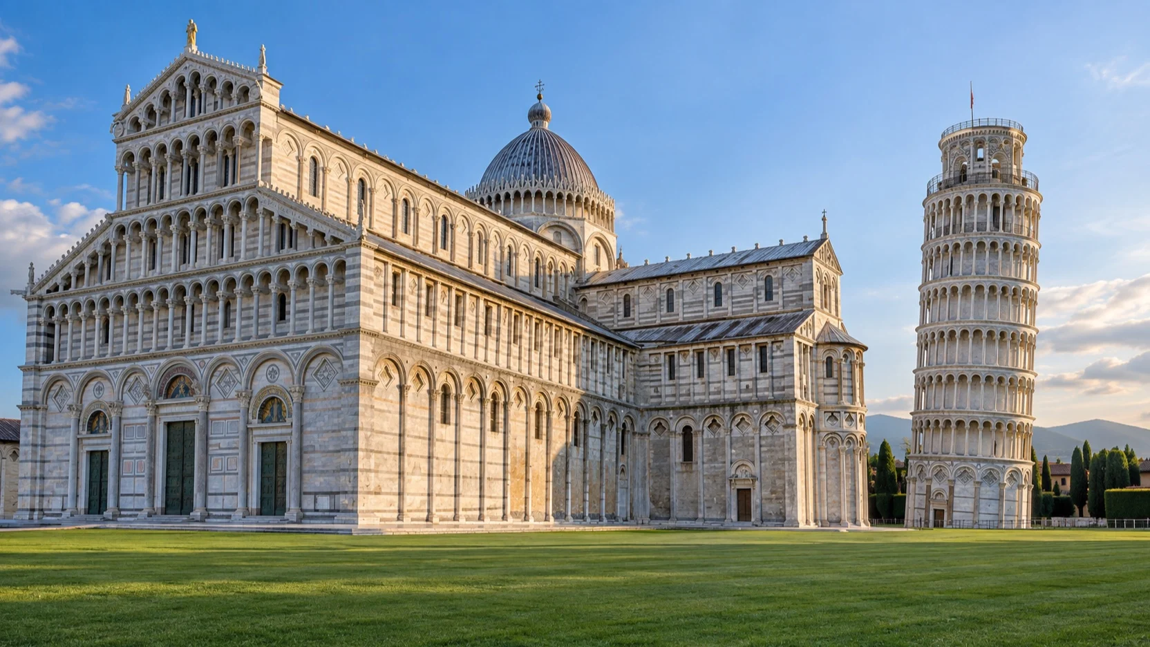 Leaning Tower of Pisa beside its cathedral on an empty lawn