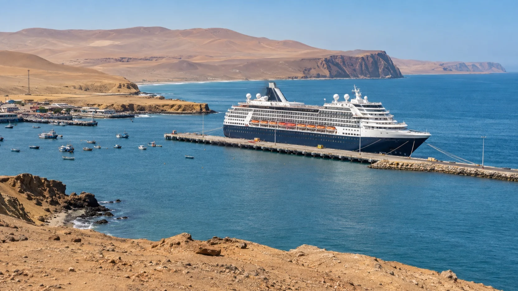 Cruise ship at Paracas port near Pisco and Peru's desert coast