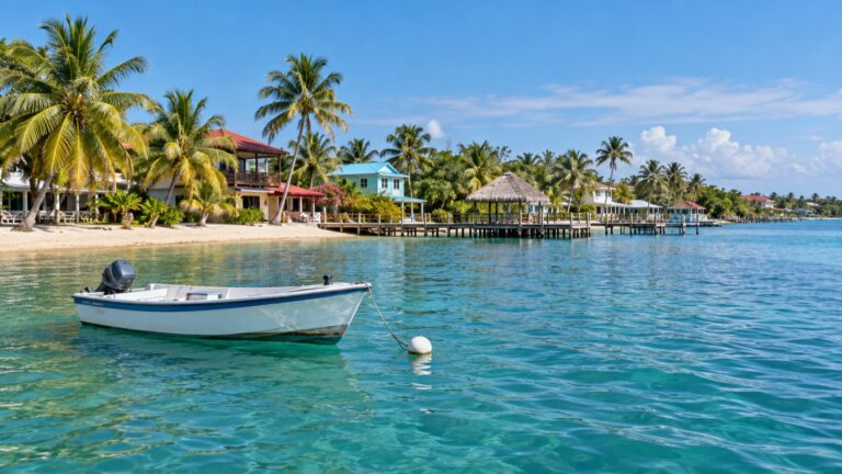 A small boat offshore from the palm-lined village of Placencia, Belize