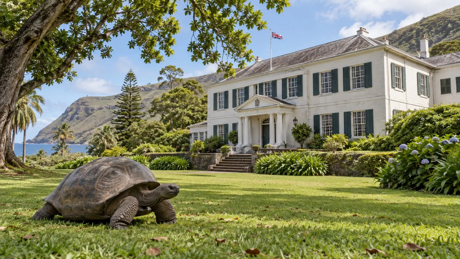 Giant tortoise near Plantation House on Saint Helena