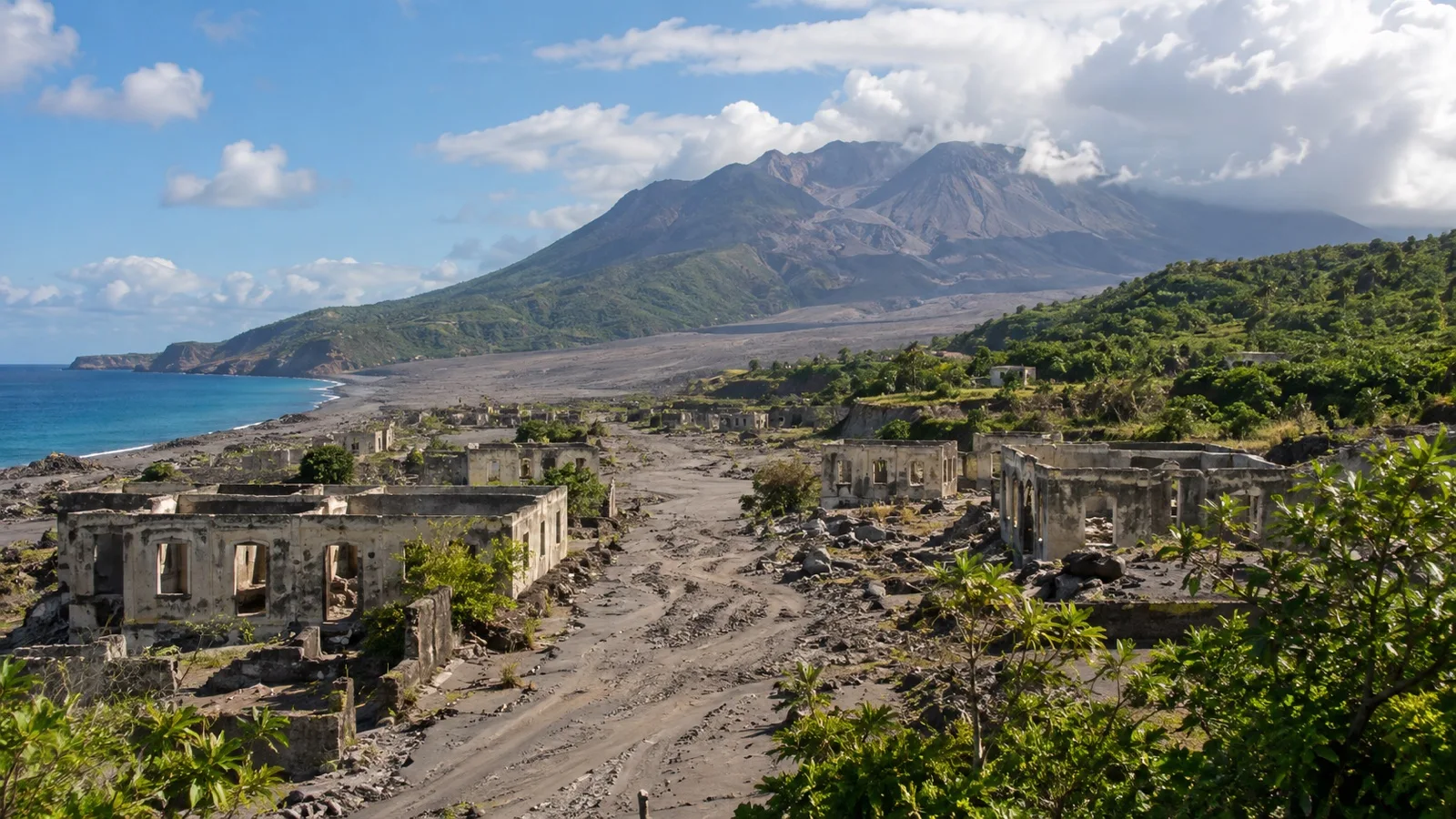 Buildings partly buried by volcanic debris in Plymouth Montserrat