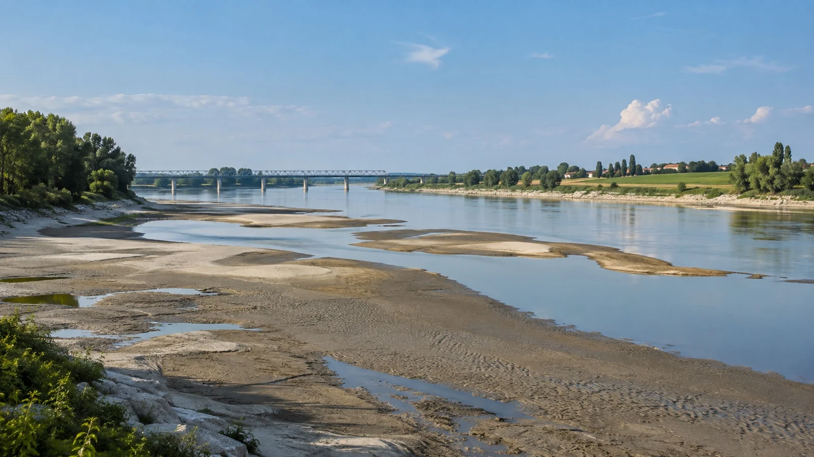 Exposed riverbanks along the Po River during low water