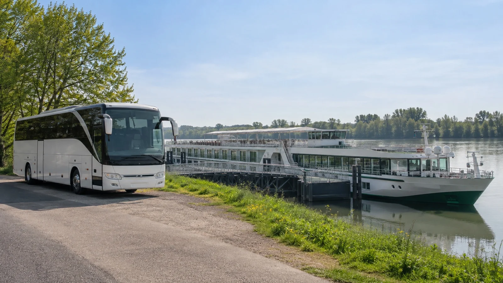 Parked tour motorcoach beside a Po Valley river cruise dock