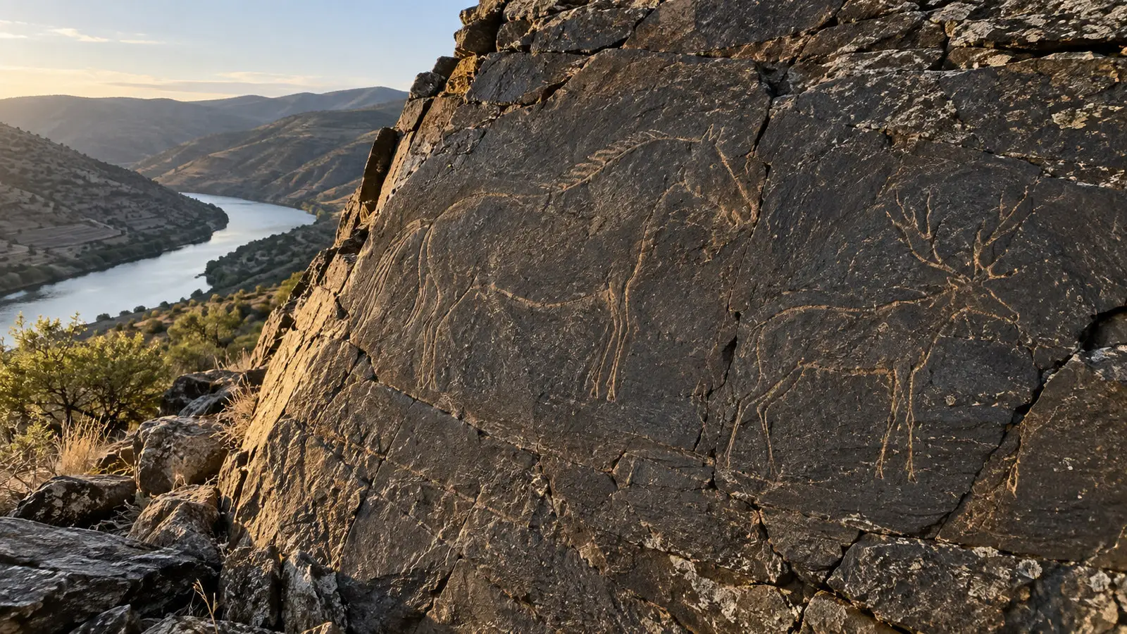 Incised animal outlines on a dark Côa Valley rock panel above the river