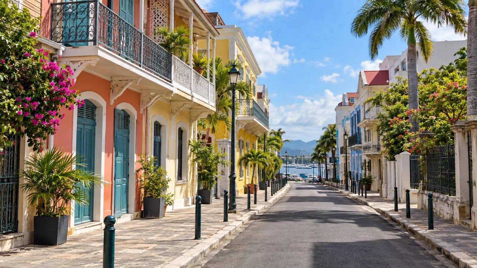 Central Pointe-à-Pitre street with colorful French Caribbean houses and small hotels