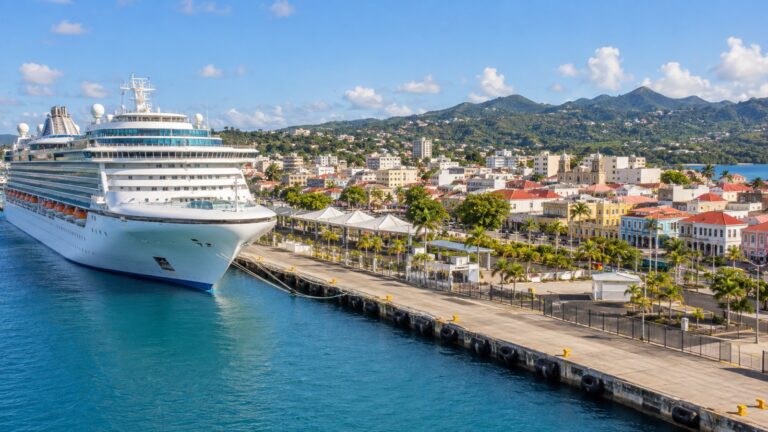 Cruise ship at the Pointe-à-Pitre quay with the Guadeloupe city just beyond