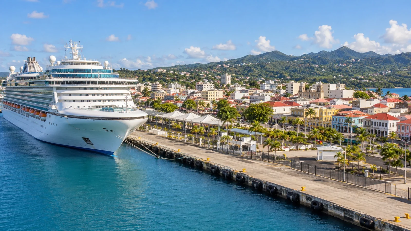 Cruise ship at the Pointe-à-Pitre quay with the Guadeloupe city just beyond