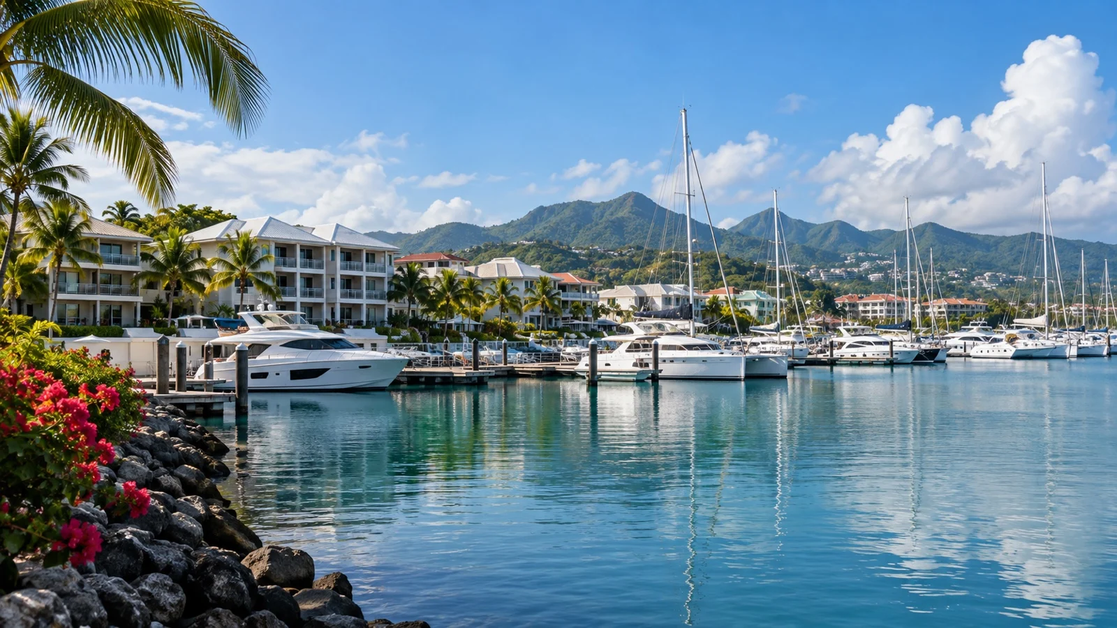 Bas-du-Fort marina near Pointe-à-Pitre with waterfront hotels, yachts and tropical hills