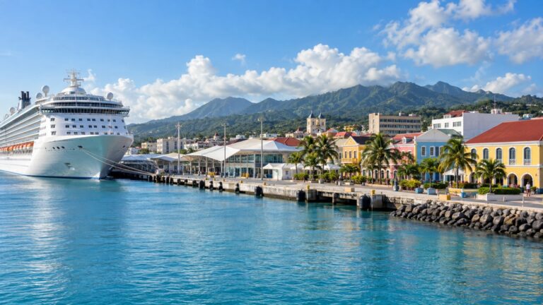 Pointe-à-Pitre cruise terminal in Guadeloupe with a white cruise ship beside colorful Caribbean waterfront buildings