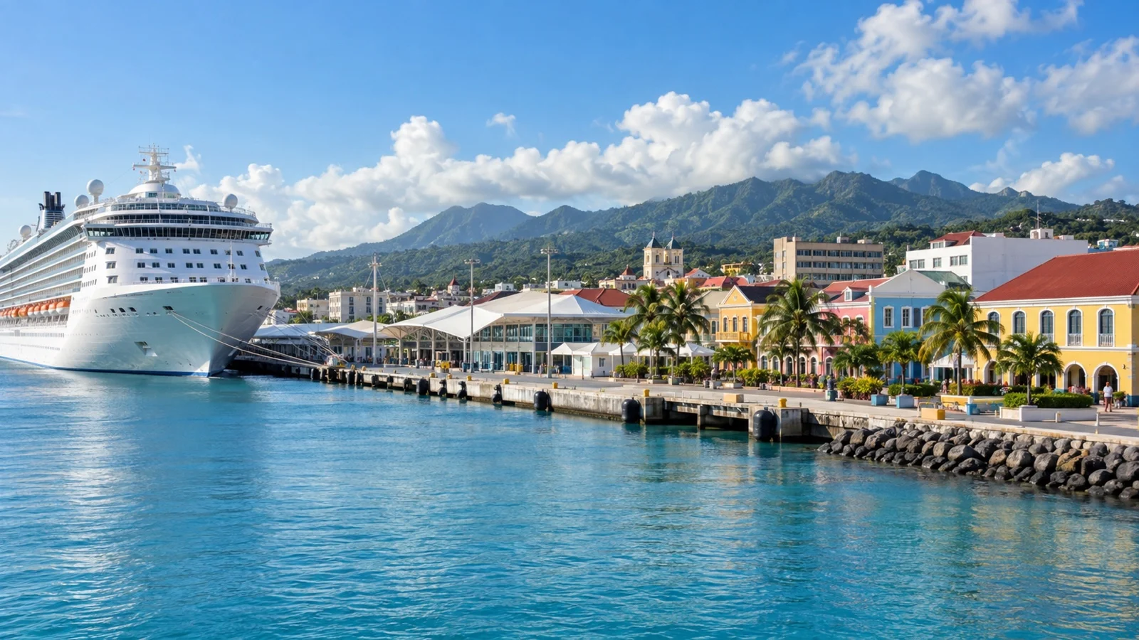 Pointe-à-Pitre cruise terminal in Guadeloupe with a white cruise ship beside colorful Caribbean waterfront buildings