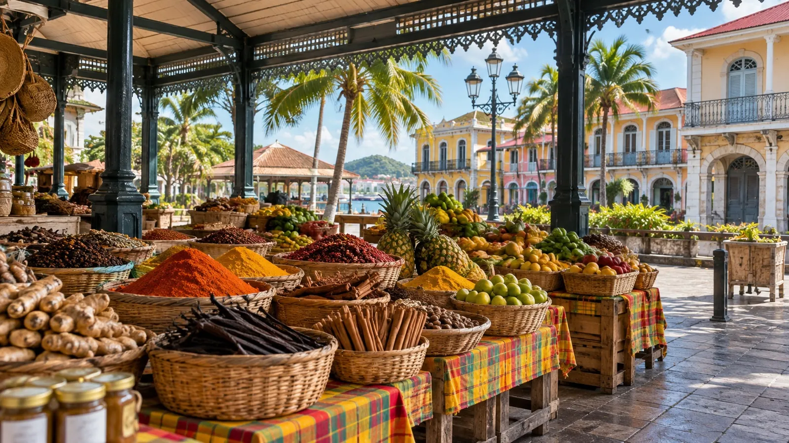 Tropical fruit and spice baskets at Pointe-à-Pitre Saint-Antoine market