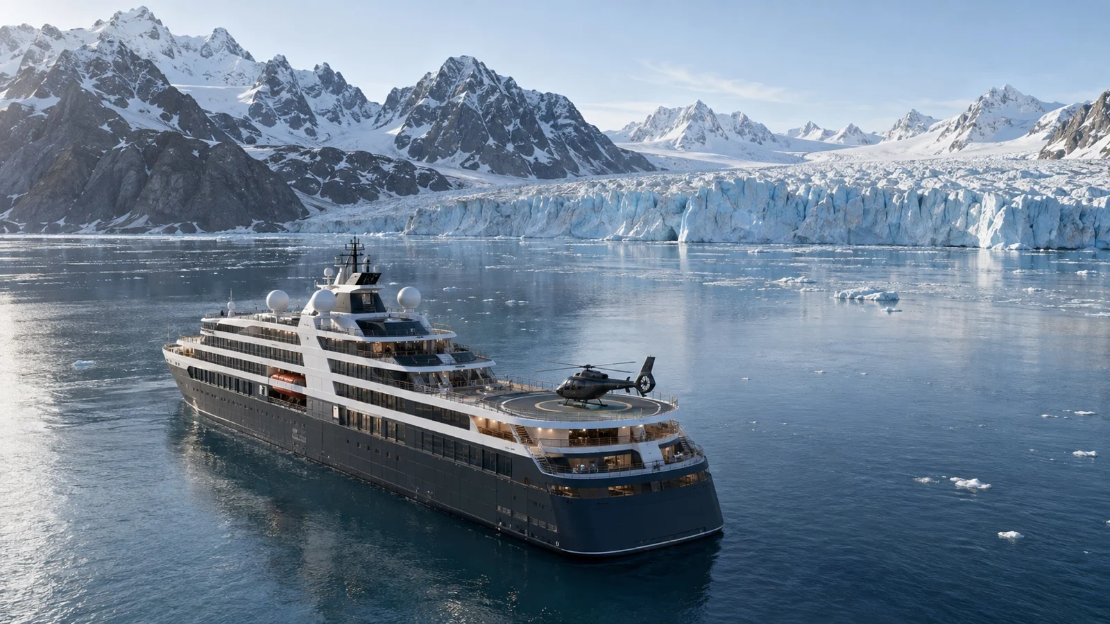 Expedition ship with helicopter near Arctic coast