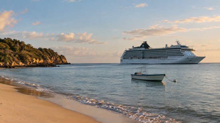 Cruise ship anchored offshore at Pomene Bay, Mozambique, with an empty tender boat on calm water