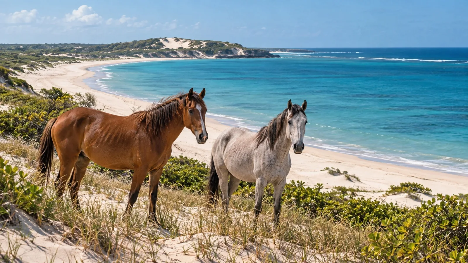 Two unsaddled horses standing on coastal dunes near Pomene Bay, Mozambique