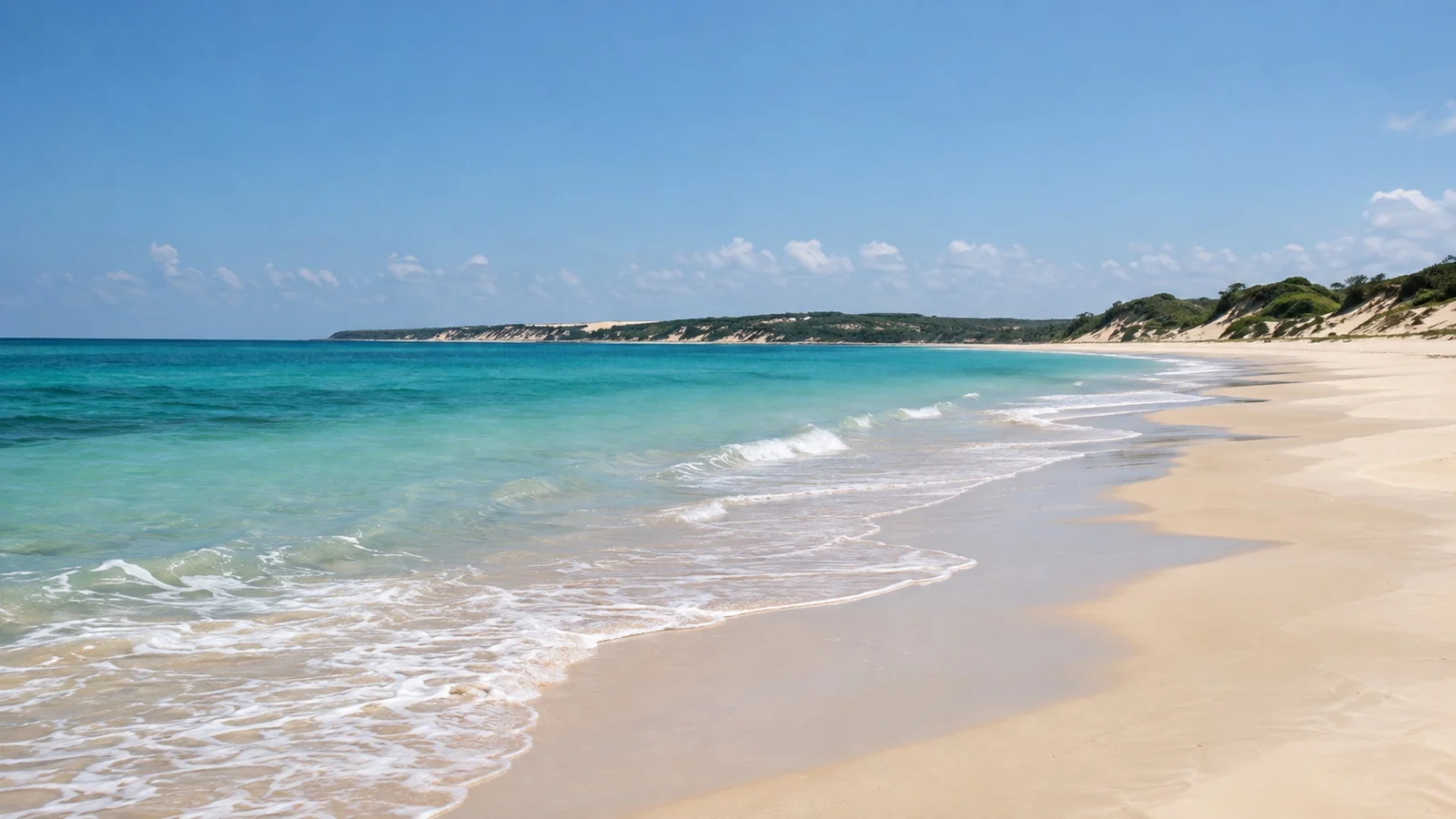 Long empty sandy beach and turquoise water at remote Pomene Bay, Mozambique