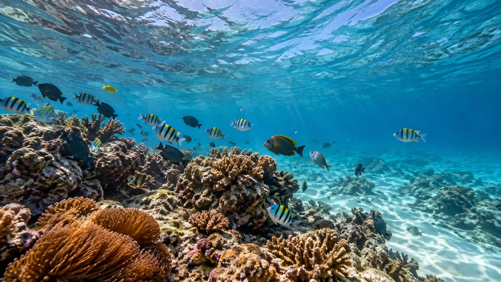 Underwater reef and colorful fish in clear coastal water near Pomene Bay, Mozambique