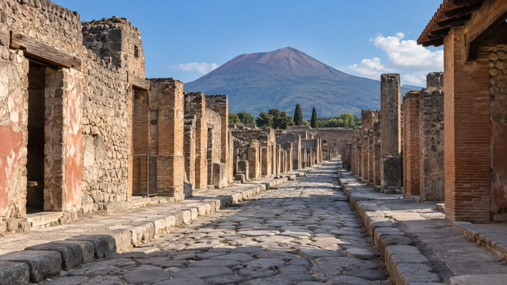 Empty ancient street at Pompeii with Mount Vesuvius beyond