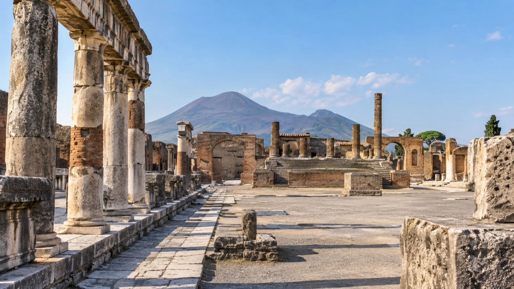Columns and ruins of Pompeii's Forum below Mount Vesuvius