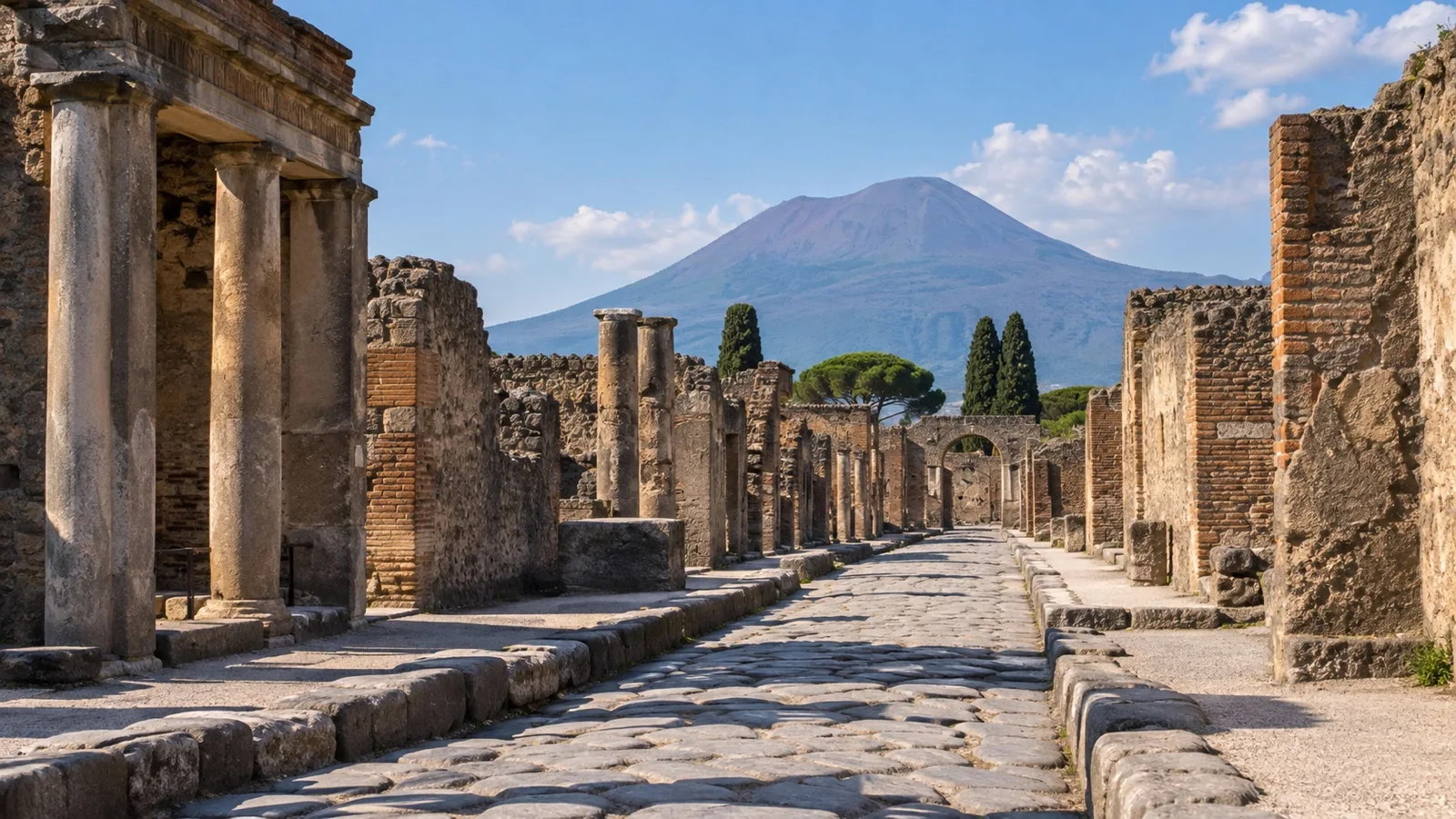 Roman ruins at Pompeii with Mount Vesuvius beyond