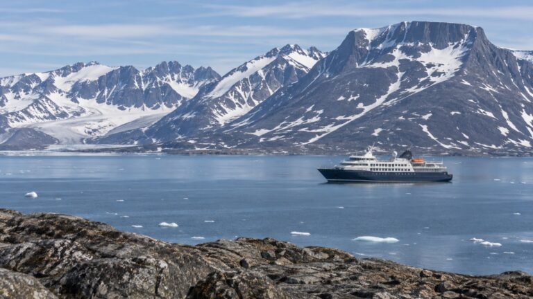 Expedition ship off Pond Inlet on Baffin Island