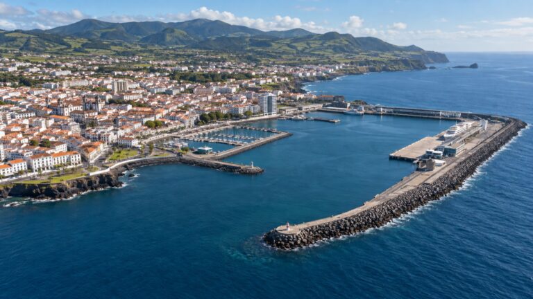 Aerial view of Ponta Delgada cruise harbor beside the city