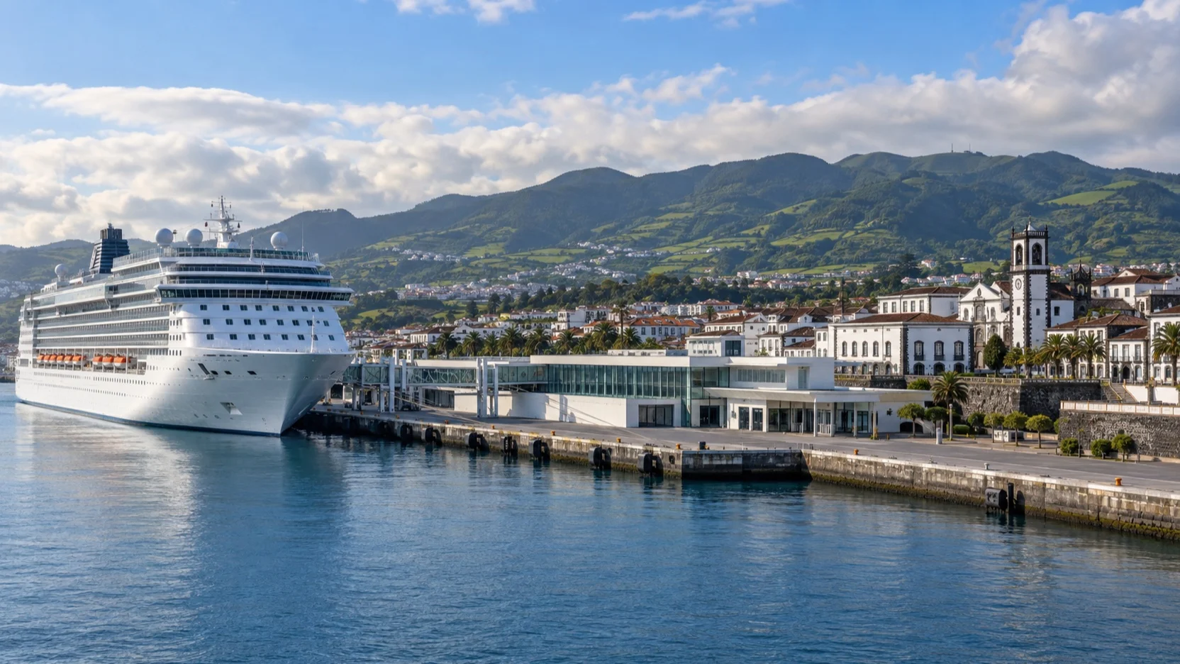 Cruise ship docked at Ponta Delgada’s waterfront below green São Miguel hills