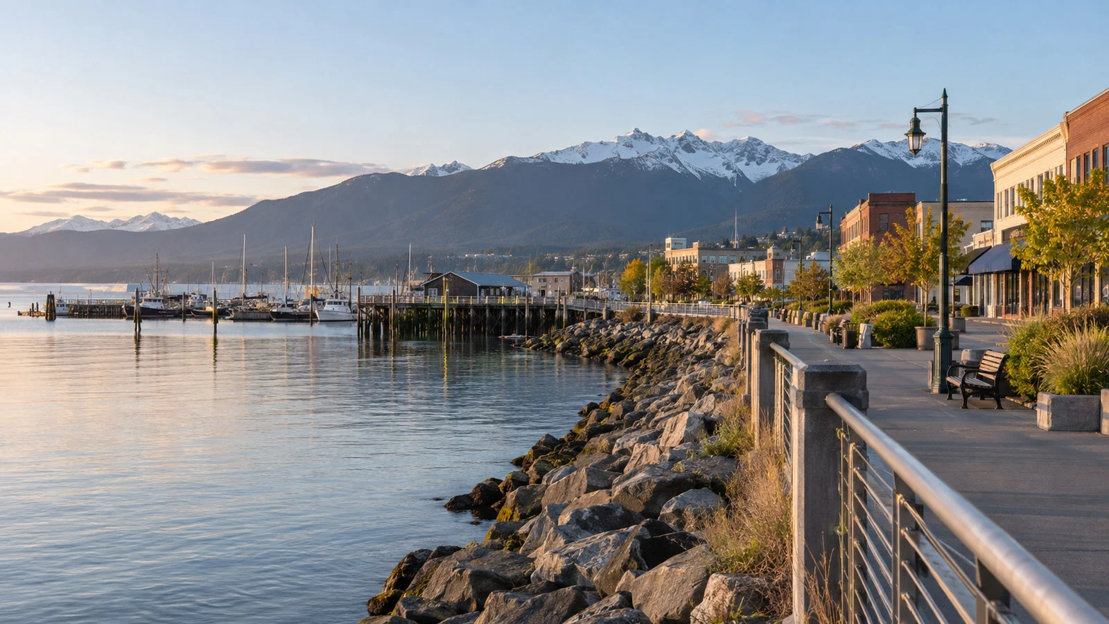 Downtown Port Angeles waterfront with Strait of Juan de Fuca, harbor walkway and low town buildings, empty