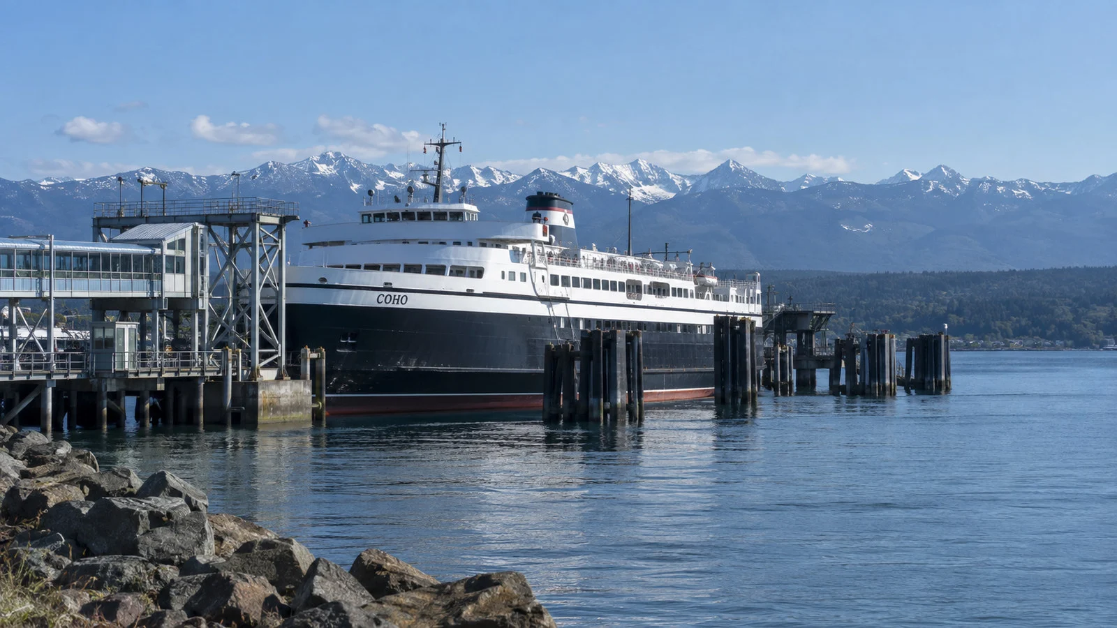 MV Coho passenger ferry at Port Angeles ferry terminal on the Strait of Juan de Fuca, no passengers