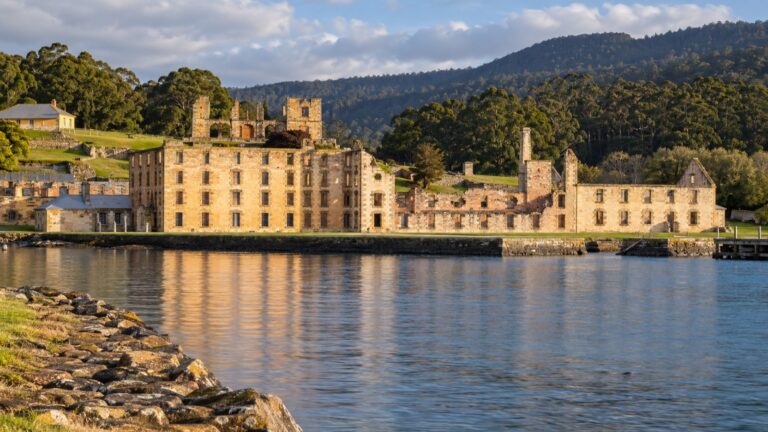 Port Arthur convict settlement ruins beside the Tasmanian bay