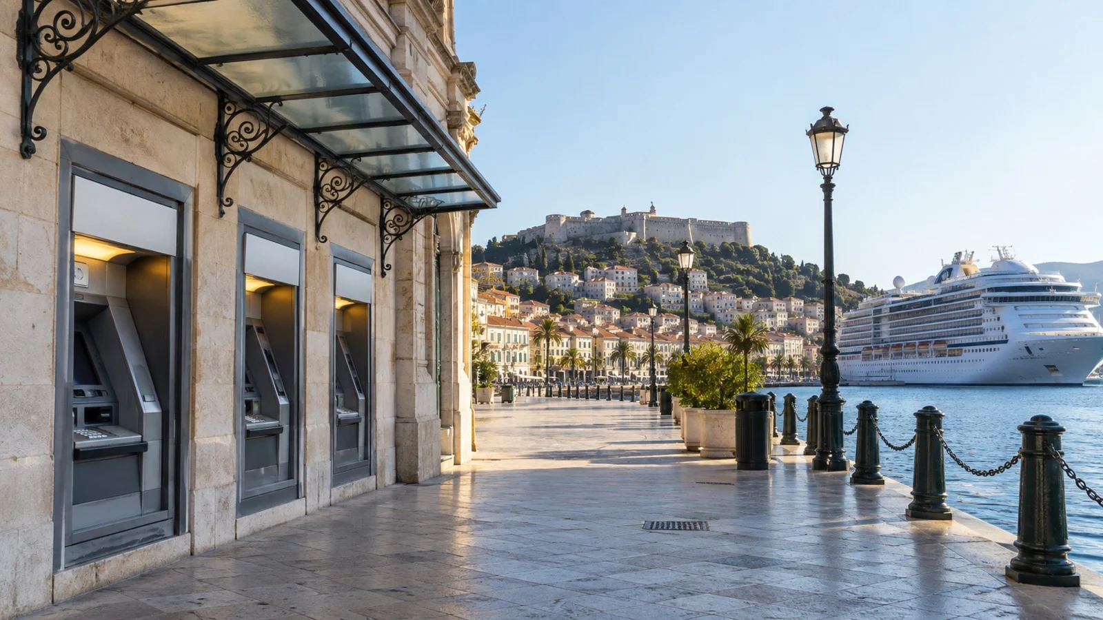 Empty ATM area on a port-city street with cruise ship in harbor