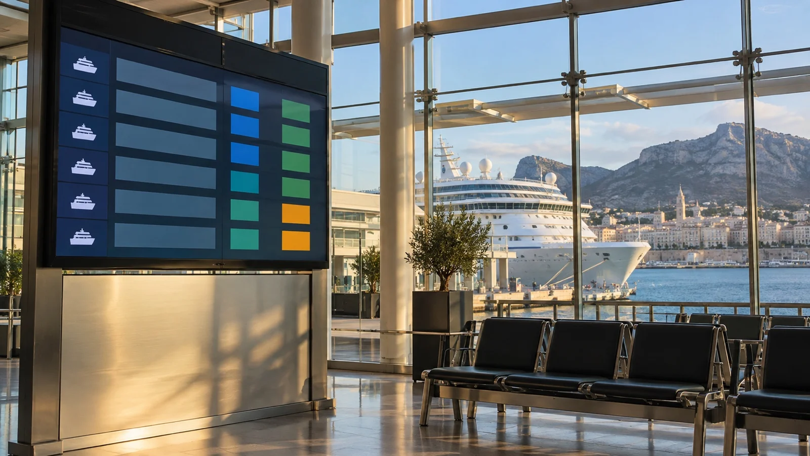Unlabeled port schedule screen in empty terminal with ship through window, no readable text