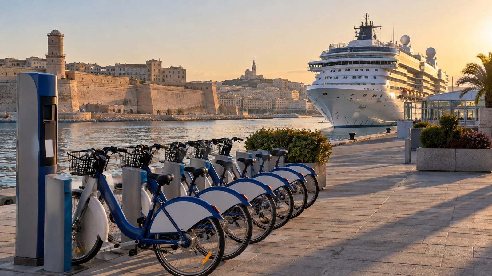 Bicycle return dock near cruise terminal at late afternoon