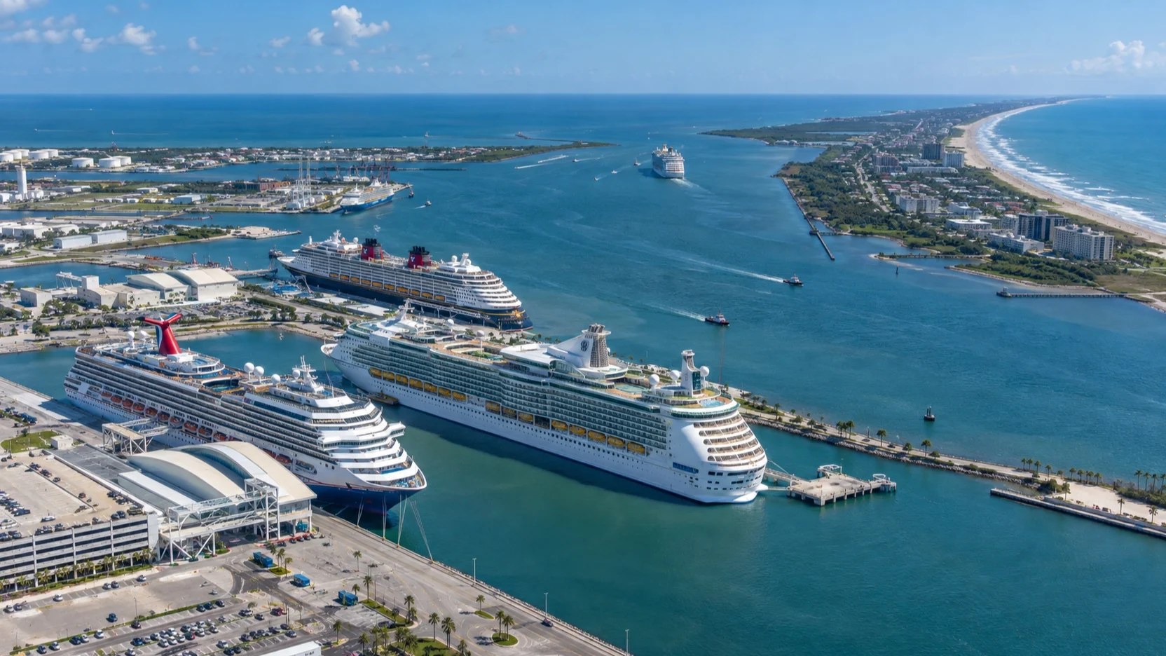 Aerial view of Port Canaveral and the Cocoa Beach coast