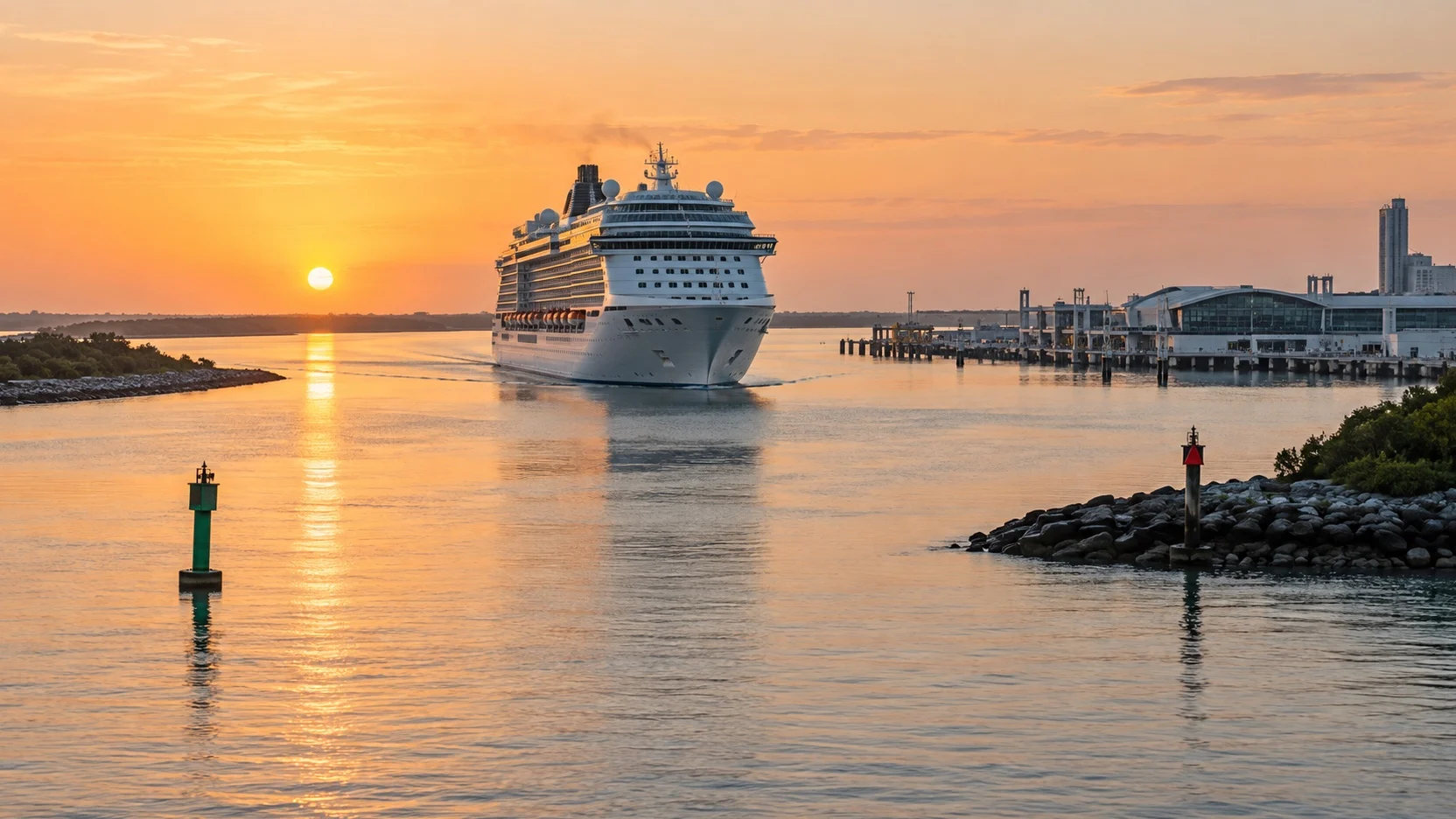 Port Canaveral harbor and cruise ships at sunrise