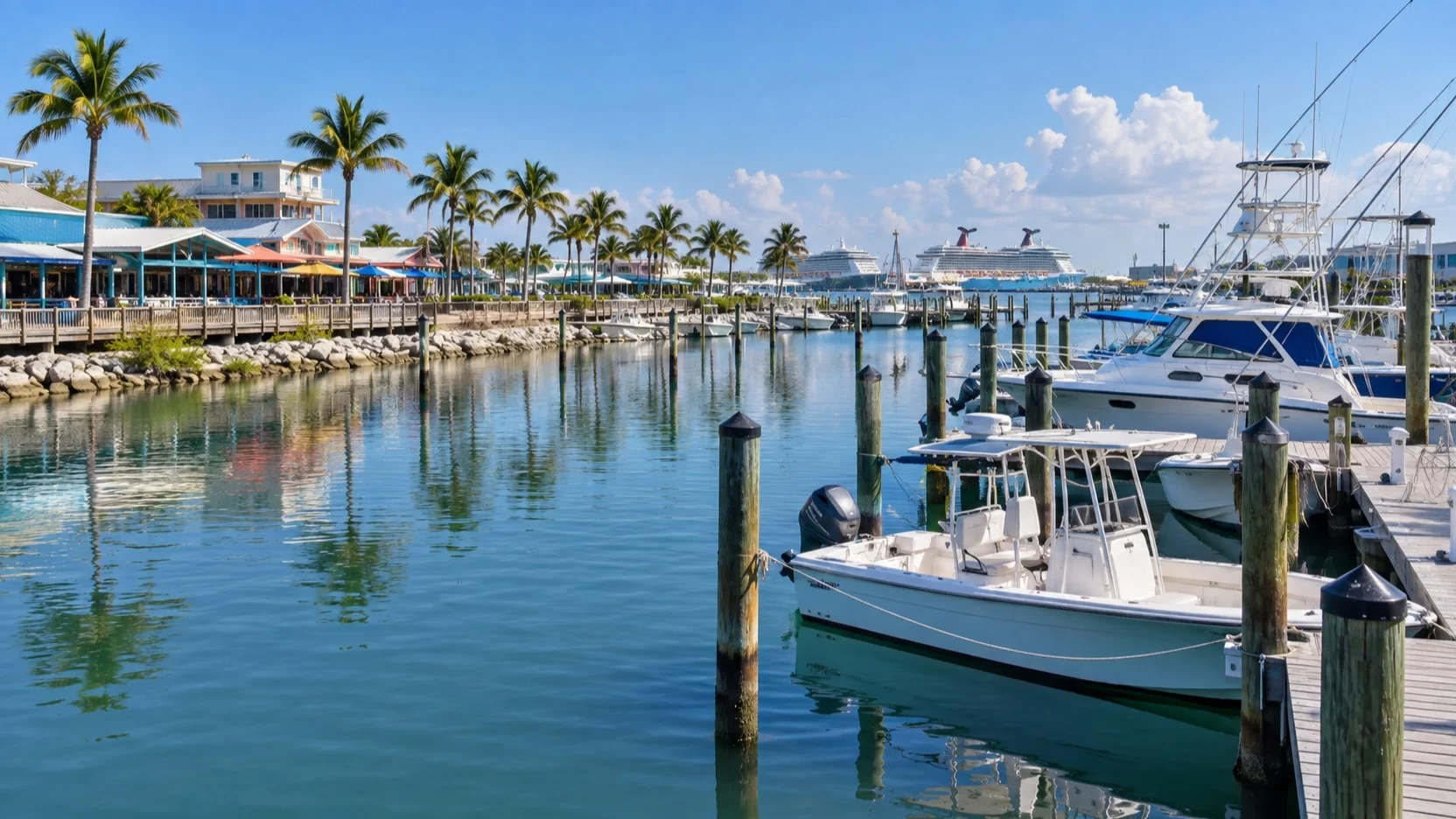 Port Canaveral marina with small boats and palm trees