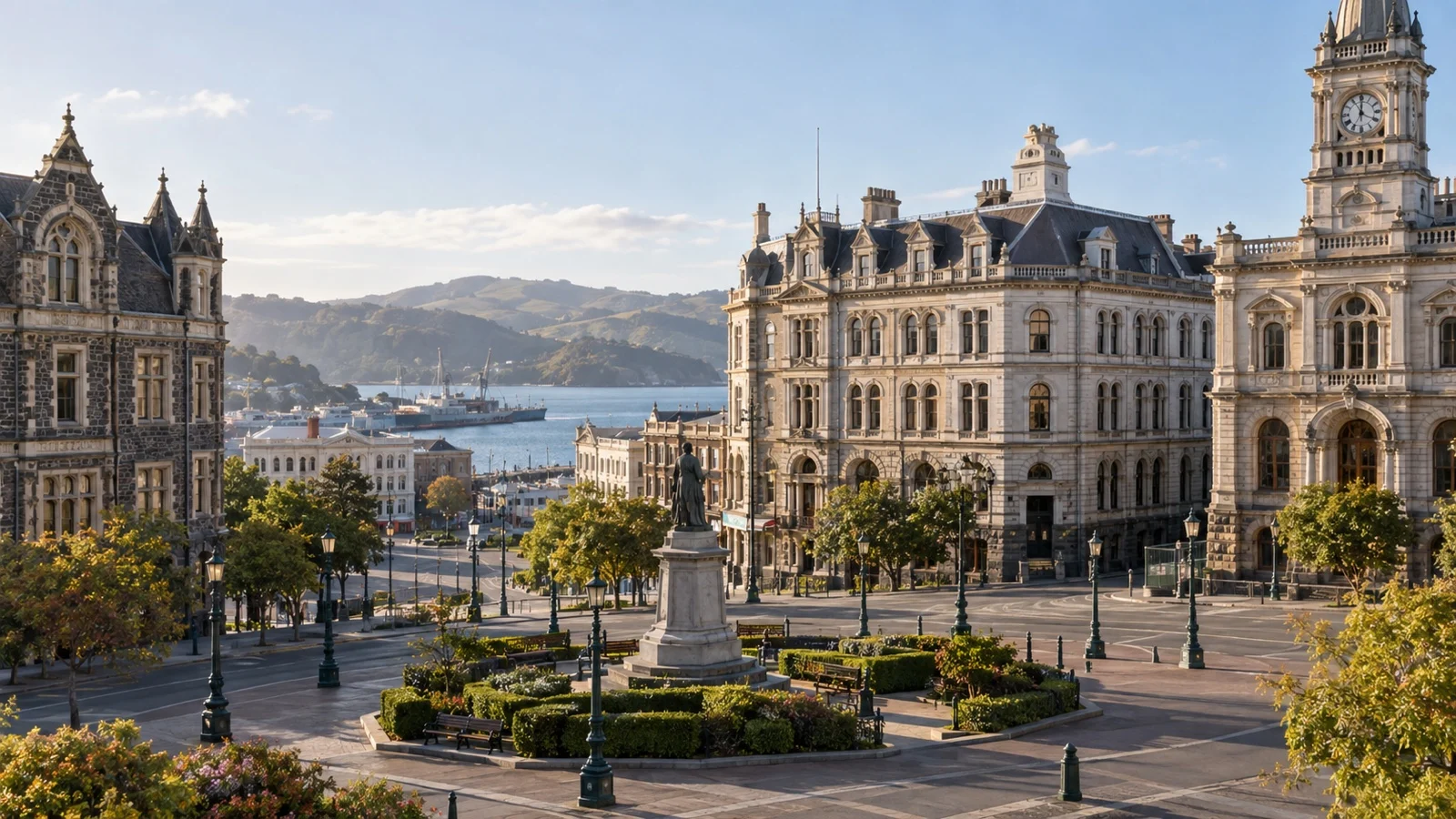 Dunedin Octagon city center with historic stone hotel buildings and Scottish-influenced architecture