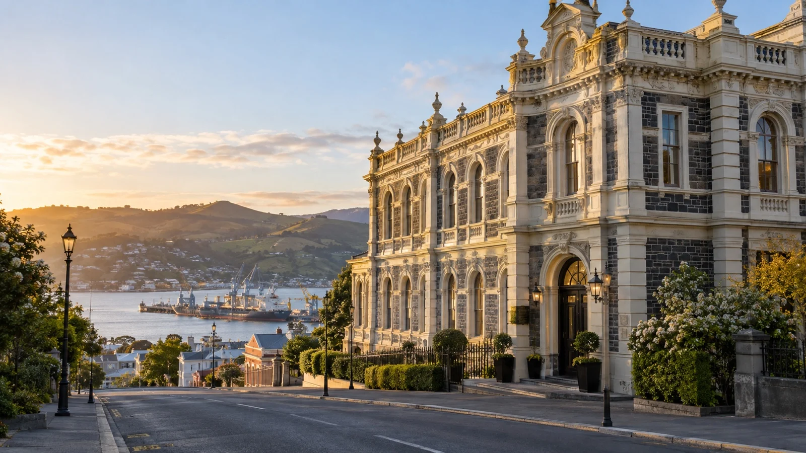 Restored Dunedin heritage hotel building with ornate stone facade and quiet street